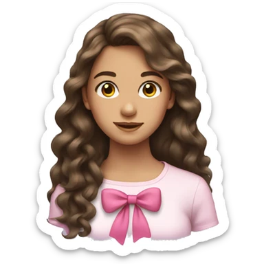 Teen girl with long wavy brunette hair with a pink bow in the back sticker