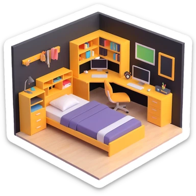 3D layout of teen bedroom with bed against wall, corner desk, and storage units sticker