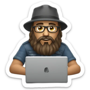 3d artist with beard sit on the PC with graphic tablet sticker