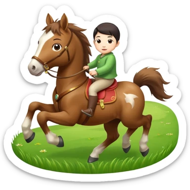 l little chinese baby riding on a  cute horse running really fast on the grass with 2026 year's label sticker