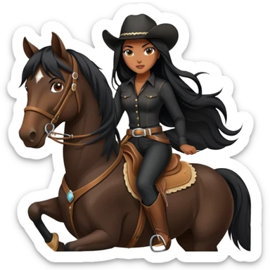 confident hot tanned woman with long black hair wearing black outfit riding a horse cowgirl style sticker