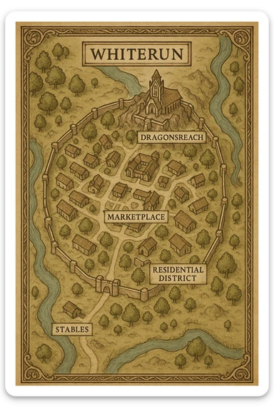 A vertical overhead map of the town of whiterun from skyrim sticker