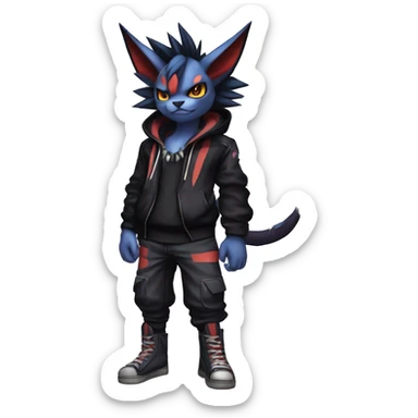 Cool Anthro Black Noivern-Absol-Litten-Pokémon with edgy stripes hoodie spiked collar punk Full Body sticker