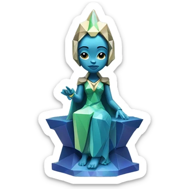 Sculpture oracle priestess with a geometric faceted design with disney features. Oracle of delphi is sparkling and standing upright on a base with angular and flower features. The vibrant blues neutrals and greens highlights the sharp edges and planes.  sticker
