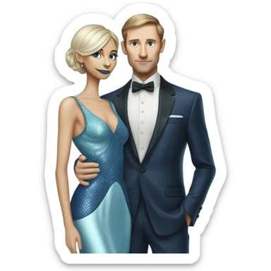 alien reptilian woman, in long slim pastel blue formal party satin dress with gradient shiny sparkling navy blue diamonds embroidered , and caucasian man in black dress sticker