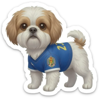 white and light brown shih zhu wearing a Egypt soccer jersey v neck 2026 work cup sticker
