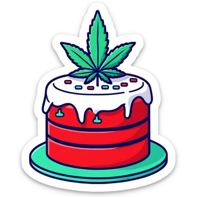 Festive confetti cake with mint leaves and a cannabis leaf as decoration sticker