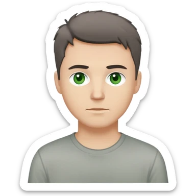 white man with dark messy short hair, dark green eyes, wearing a gray t-shirt sticker