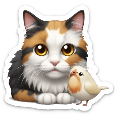 fluffy calico cat eating bird sticker