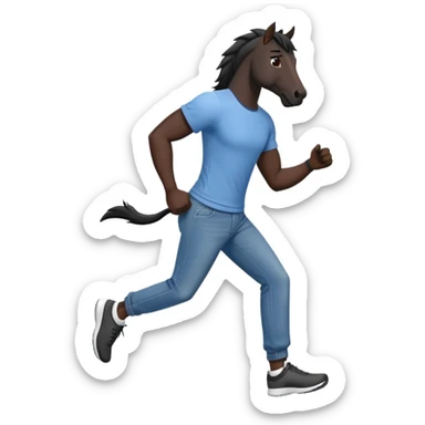 friendly anthropomorphised black stallion in jeans and a t-shirt, jogging upright in relaxed pose sticker