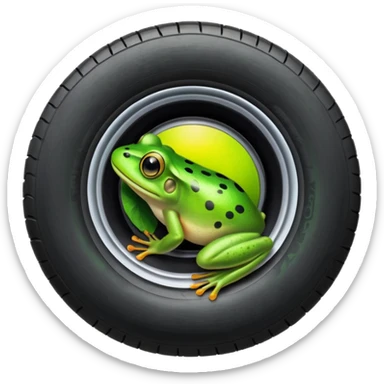 Frog head on top of tire. The tire is the body and the legs are on the bottom of the tire sticker