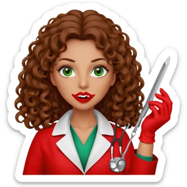 Lilith symbol sexy evil woman. She has green eyes.  had brown long curly hair.  evil surgeon kills with scalpel wears red sexy doctor coat with red mouth cover red gloves. Covers nose, neck  and mouth with Muslim red berka sticker