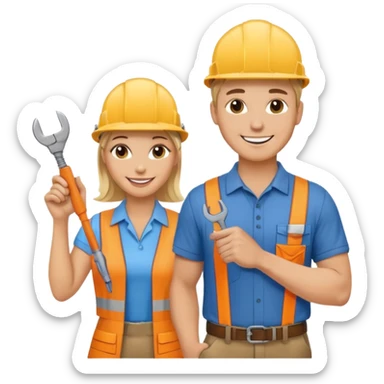 handsome White male electrician with tool and pretty blond office administraTOR sticker