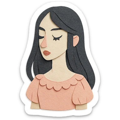 paper craft style illustration of a pale girl with long dark hair, pointy tip nose, full lips, long lashes, v-shaped jaw, wearing a frilly light pink dress sticker