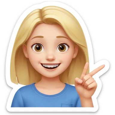 Transform this selfie of a smiling girl pointing at her teeth into a Pixar-style animated character, with large expressive eyes, soft lighting, and a cheerful atmosphere sticker