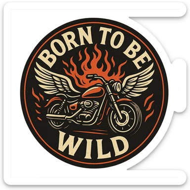 circular motorcycle cap design with transparent background, text 'Born to be wild', motif: motorcycle, flame, wing, unique style sticker