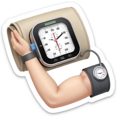 blood pressure cuff wrapped around upper arm with dial reading sticker