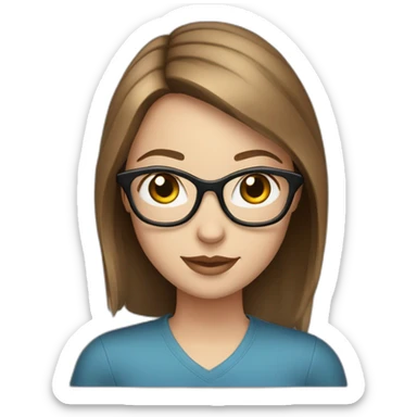 young white woman with brown straight hair and blue eyes wearing glasses with black frame sticker