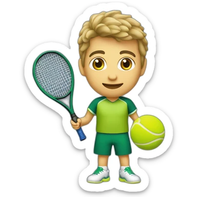 Ragazzo riccio con occhi verdi con maglietta gialla gioca stanco con una racchetta da tennis sticker