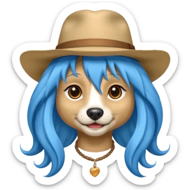 fancy dog with long blue hair, wearing hat sticker