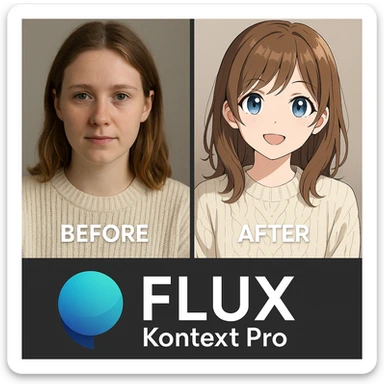 create before after image of a girl before is realsitic photo, after is anime version of her in same pose and clothes, add logo with text of a "FLUX Kontext Pro" sticker