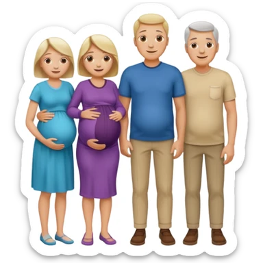 I want a couple with a wife that’s pregnant and then on the male side standing next to him is his family mom is sick the dad is fine  and his siblings and grandparents are okay smiling. sticker
