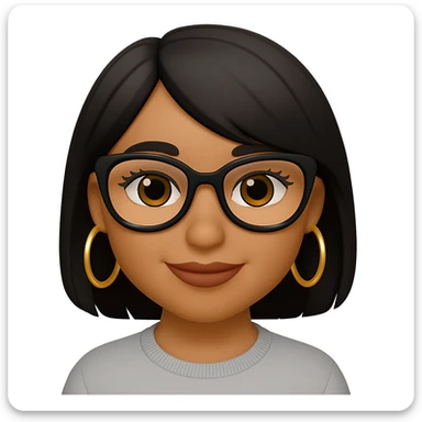 Add gold hoop earrings and stylish glasses to the smiling light brown skin girl with small lips, black layered hair, and doe eyes in emoji style. sticker