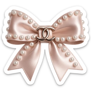 Remove the background, keep only the elegant bow with pearls and gold Chanel logo, glossy, pastel colors, realistic style, with no background. blackpink sticker