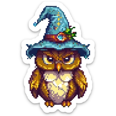 owl wearing a wizard hat pixel art sticker