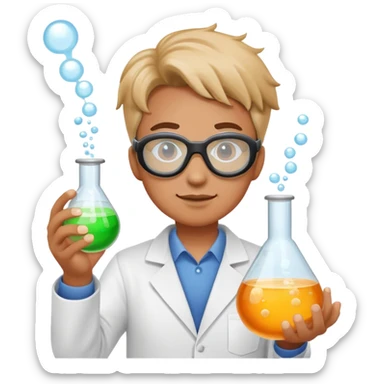 person doing a science experiment wearing lab goggles and holding a bubbling beaker sticker