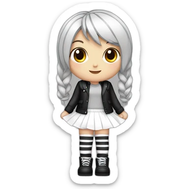 Frontal view curvy emo girl sits white skirt striped stockings hands up sticker