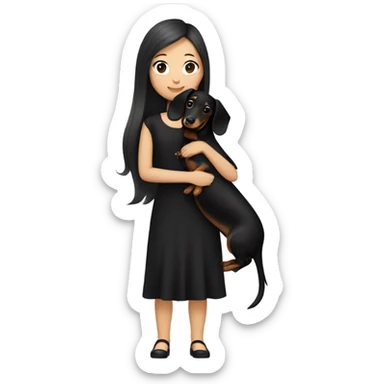 an Asian girl with long hair, wear black dress, hugging a black and tan long haired dachshund sticker