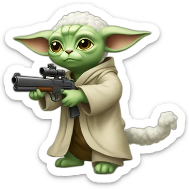 a yoda cat shooting a sheep with his gun sticker