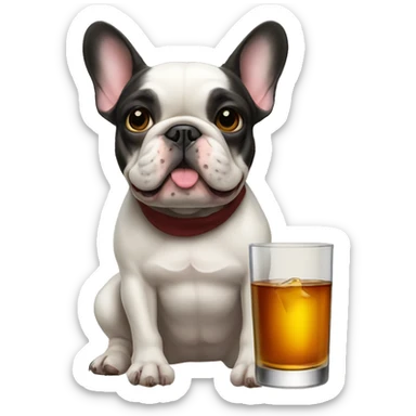 French bulldog with a bottle of whiskey sticker