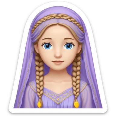 Joven de unos 20 años, de aspecto dulce y elegante.
Piel clara, ojos (pueden ser azules o verdes)
Rubio o castaño claro, largo, con trenzas o velo.
Vestido largo de tonos suaves (blanco, azul o lavanda), con bordados dorados; un manto o toca fina cubriendo la cabeza. se vea todo el cuerpo sticker