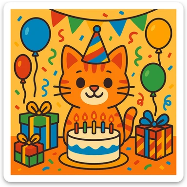 birthday party scene with colorful decorations, balloons, confetti, a large birthday cake, gifts, and a festive atmosphere, featuring a ginger tabby kitten wearing a birthday hat as the main character sticker