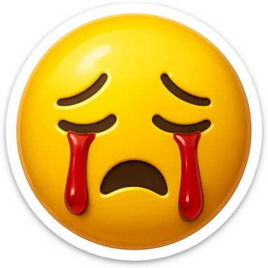 yellow crying face emoji, glossy finish, red tears, no background sticker