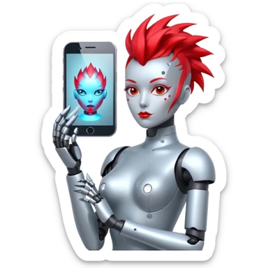 Sexy reflective glass face dronification robot girl with a red mohawk full body pinup pose  sticker