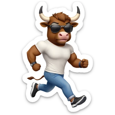 friendly anthropomorphised bull in jeans and a t-shirt, wearing dark sunglasses, jogging upright sticker