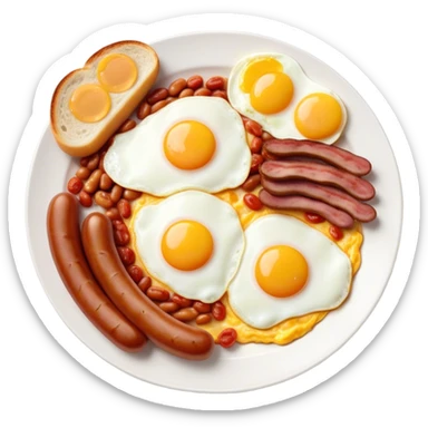 Cinematic Realistic English Breakfast Dish Emoji, showcasing a hearty ensemble of eggs, bacon, sausages, baked beans, and grilled tomatoes rendered with lifelike texture and vibrant, appetizing detail that exudes comforting tradition. sticker
