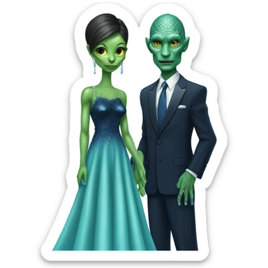 reptilian alien green skin woman, in long slim pastel blue formal party satin dress with gradient shiny sparkling navy blue diamonds embroidered , and caucasian man in black dres sticker