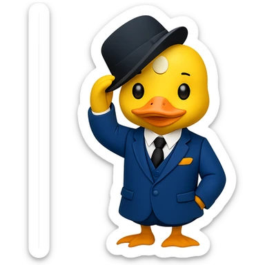 Create a gentlemanly yellow duck in a blue suit, tipping hat, in the style of apple emojis, with no background. sticker