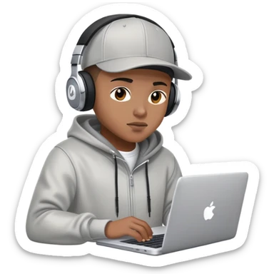 rapper developer with hoodie, baseball cap, headphones and laptop coding sticker