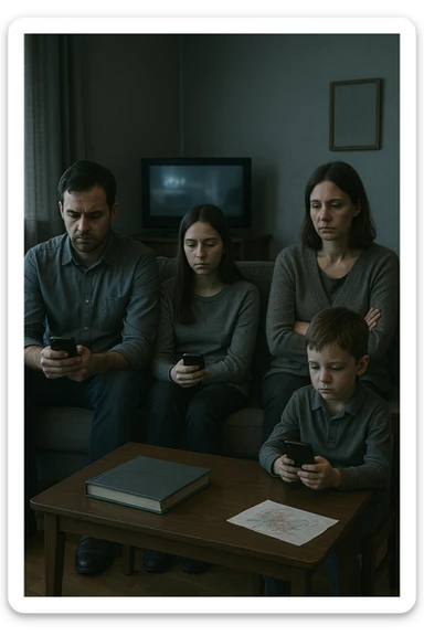 Famiglia composta da padre, madre e uno o due figli seduti nello stesso ambiente domestico (salotto o tavola da pranzo), ma ciascuno è assorto nei propri pensieri, con espressioni spente e distaccate. Nessuno si guarda o sorride. I colori dell’ambiente sono freddi e grigi, la luce è debole. Intorno a loro, simboli di disconnessione: telefoni in mano, TV accesa ma ignorata, silenzio. L’atmosfera è visivamente carente di calore emotivo. Nessun contatto fisico, postura rigida. Un dettaglio visivo come un album di foto chiuso sul tavolo o un disegno dei figli dimenticato sul pavimento accentua la mancanza di dolcezza e unione sticker