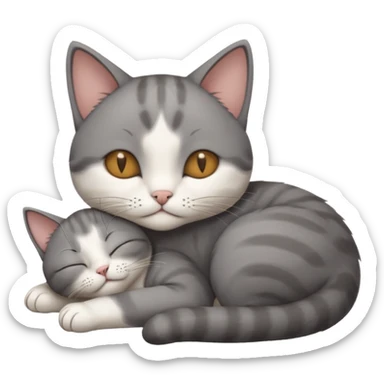 dark grey and white small cat with his eyes closed lying down leaning on its elbow with its paw curled under its head holding it up sticker