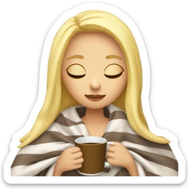 Blonde girl inside a blanket sipping coffee eyes closed sticker