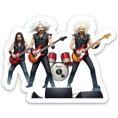 Icon for Heavy Metal Music: 4 men band on stage with electric guitars, drums and intense lighting. 4 Musicians headbanging, surrounded by energy and stage effects, capturing the power and intensity of a metal concert. Transparent background. sticker