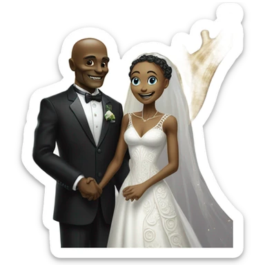 Alien reprilian woman in wedding dress and one humman man in a tuxedo holding hands getting married sticker