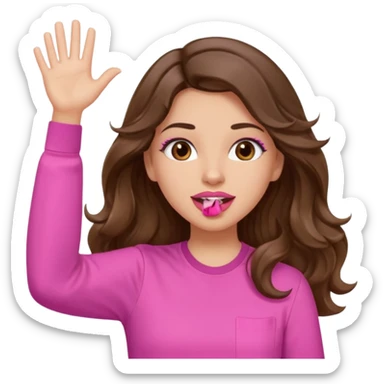 girl with long wavy brown hair, brown eyes, light to medium complexion, in a pink shirt, pink lips, long lashes, puckered lips, both hands all the way up in the air, cheering sticker