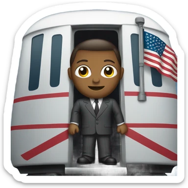 thomas in a train body wearing a suit with an American flag sticker
